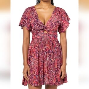 Angie Boho Floral Twist Front Smocked Back Cut Out Mini Dress Size Small